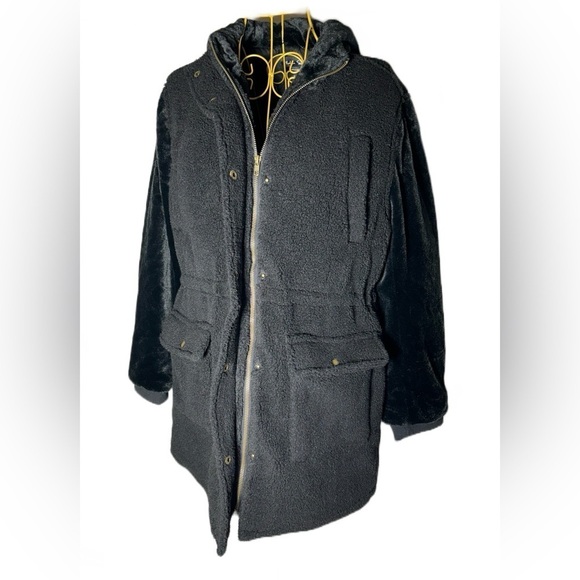 NEW Eden Society Sherpa Black Coat, Faux Fur Sleeves & Hood, Zipper, Pockets, M - Picture 6 of 16